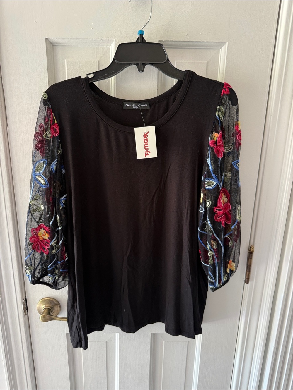 Kim & Cami Black Top with Multicolor Floral Embroidered Mesh Sleeves
